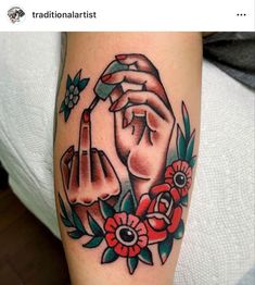 two hands holding each other with flowers around them on the arm and behind it is an arrow