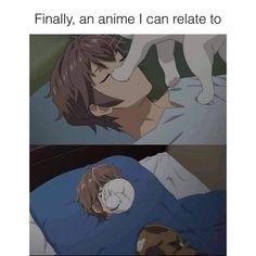 an anime character laying in bed with his head on the pillow and another person sleeping next to him