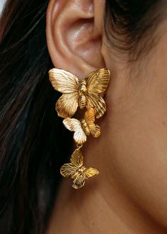 Gold Butterfly Charm Earrings For Party, Gold Earrings With Butterfly Charm For Party, Luxury Gold Butterfly Earrings, Party Earrings With Gold Butterfly Charm, Gold Earrings With Butterfly Charm For Formal Events, Gold Earrings With Butterfly Charm For Formal Occasion, Gold Butterfly Earrings For Wedding, Gold Butterfly Earrings For Party, Big Earrings Statement