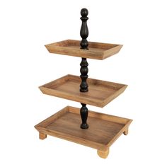 three tiered wooden tray with black handles