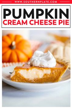 pumpkin cream cheese pie on a white plate