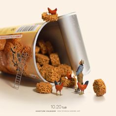 an advertisement for cereal with miniature people standing in front of it and looking at them