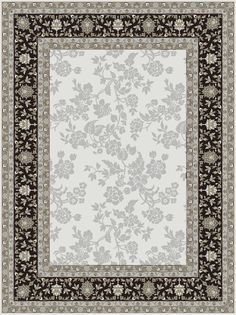 an area rug with black and white flowers on the border, in front of a light gray background