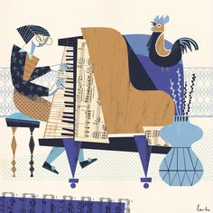 an illustration of a man playing the piano and another person sitting at a table with musical instruments