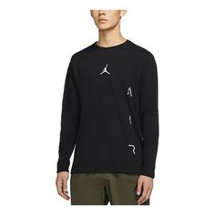 Jordan Air Athleisure Casual Sports Long Sleeves T-shirt Black DB4367-010 (Men's) Black Jersey Athleisure T-shirt, Dri-fit Crew Neck T-shirt For Sportswear, Sportswear Dri-fit T-shirt With Graphic Print, Black Technical Activewear With Graphic Print, Dri-fit Crew Neck Top For Sports Season, Technical Black Activewear With Graphic Print, Dri-fit Crew Neck T-shirt For Streetwear, Jersey Crew Neck Top For Gym, Athletic Fit Graphic Tee With Moisture-wicking