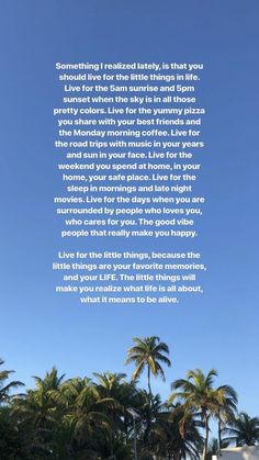 a poem written in white on a blue sky with palm trees