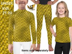 Yellow Reptile Dragon Dino Lizard animal skin scales PRINT pattern kids & youth athletic spandex costume, leggings, long sleeve rash guard shirts and short sleeve t-shirts  (Items are sold SEPARATELY). Great for Halloween costume. Toddler and teens full length dragon scales printed spandex outfit pants. Great for Cosplay, themed events, conventions, birthday party, themed parks visits, sports, water sports, swimming (rash guard and leggings) or as a comfortable everyday wear.  It's a PRINT ! SIZ Dragon Costume Kids, Spandex Outfits, Kids Halloween Costume, Costume Toddler, Sports Swimming, Outfit Pants, Yellow Dragon, Tv Character, Cosplay Clothes