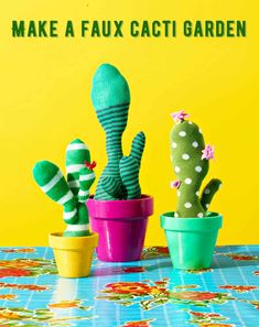 some fake cactuses are sitting in small potted plants with the words make a faux cacti garden