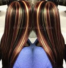 Brown Hair With Blonde Red And Black Highlights, Black And Strawberry Blonde Hair, Red Hair With Blonde Highlights Dark, Red Blonde And Black Hair, Chunky Red Highlights On Dark Hair, Dark Red And Blonde Hair Color, Chunky Colored Highlights, Highlights Black Hair, Red And Blonde Highlights