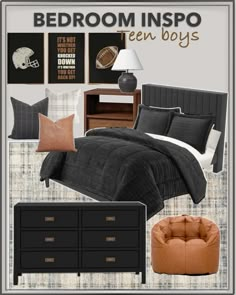 the bedroom is decorated in black and white with brown accents, including a football themed bedding