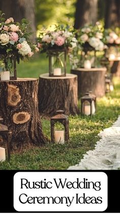 Rustic wedding ceremony setup with tree stumps, lanterns, and wildflowers in a garden setting. Sunflower Wedding Arch Rustic, Diy Field Wedding, Simple Rustic Wedding Decorations, Oak Tree Wedding Ceremony, Rustic Groomsmen Attire, Simple Outdoor Wedding, Rustic Wedding Arch, Wooden Arches, Simple Rustic Wedding