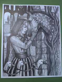 a drawing of a woman hugging a horse