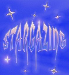 the word stargazing written in white letters surrounded by stars on a blue background