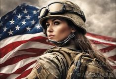 a woman in uniform standing next to an american flag