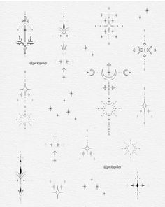 the different types of stars and moon tattoos on a white paper background with black ink