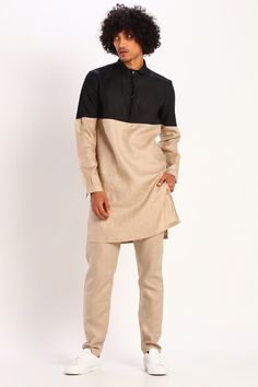 Featuring a black and beige kurta in linen base with color blocking. This contains only one piece.  FIT: True to size. COMPOSITION: Linen. CARE: Dry clean only. Linen Kurta For Men, Stylish Boy Clothes, Beige Kurta, Kurta For Men, Mens Kurta Designs, Long Kaftan, New Address, Stylish Boys, Cool Outfits For Men