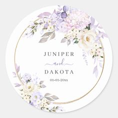 a white and purple floral wedding sticker with the words,'jumper and dakota '