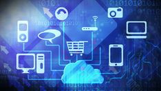 a cloud with various electronic devices and icons floating above it in front of a digital background