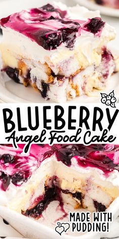 blueberry angel food cake on a white plate with the words made with puddinging