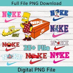 the simpsons character is surrounded by nike and nike logo decals on a white wood background