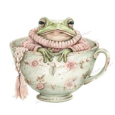 a frog sitting in a teacup with flowers on it