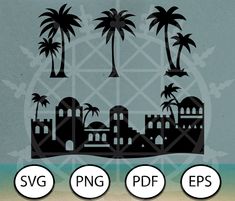 the silhouettes of palm trees and buildings are shown in three different styles, including one with