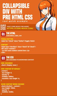 an orange and white poster with the words collapsible div with pre - html css