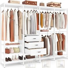 If you are looking for a long-term closet system, this all-in-one multifunctional clothes rack is your best choice. help to build your dream walk-in Closet Organizer. Our garment rack comes with coat rack, 3 wood drawers, 11 shelves, shoe rack, shoe bench, and side/top display shelf, create the versatile storage options your home needs while addincg the simplistic design of this wardrobe closet. Six large drawers are perfect for your folded garments, socks, underwear, or other private items stor Wood Clothes Rack, Rack Wardrobe, Organizing Walk In Closet, Free Standing Closet, Closet Rack, Heavy Duty Clothes Rack, Shoe Storage Rack, Closet Organizing Systems, Wood Clothes