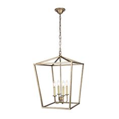 a light fixture hanging from the ceiling with four candles in it and an open cage design