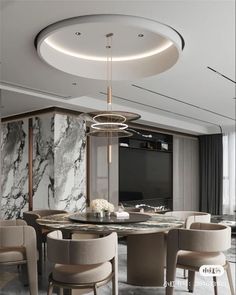 an elegant dining room with marble walls and flooring, round table surrounded by beige chairs