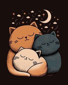 two cats cuddling together with the moon and stars in the night sky behind them