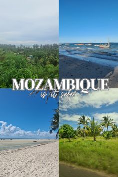 4 photos of Mozambique - lots of palm tree forests and beaches with boats in the water Travel