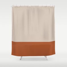 a white shower curtain with an orange strip on the top and bottom half, in front of a gray background