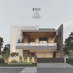 an architectural rendering of a modern house with balconies on the upper floor and second story