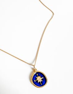 Let this cute blue enamel compass charm guide your light. The chain is 18 inches 14k gold filled components charm is roughly the size of a nickel. Blue 14k Gold Charm Necklace With Adjustable Chain, Dainty Blue Jewelry With Star Charm, Blue Star Charm Round Pendant Jewelry, Blue Round Pendant Jewelry With Star Charm, Close Instagram, Enamel Necklaces, The Chain, Personalized Bracelets, Gold Collection