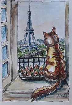 a painting of a cat sitting on a window sill looking out at the eiffel tower