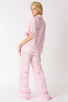 -Ribbon printed pattern -Pajama pants -Matching set (sold separate) -100% Polyester Picture Frame Hangers, Satin Pajama Set, Satin Pajama, Denim Short Dresses, Bubble Gum Pink, Look Short, Pink Bows, Bow Ribbon, Satin Pyjama Set