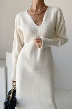 White Sweater Dress, Office Dresses For Women, Aesthetic Outfit Ideas, Glamour Dress, Exclusive Dress, Long Sleeve Knit Dress, Straight Dress, Knitted Dress, White Sweater