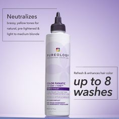 At-home toning gloss that neutralizes brassy yellow tones for light to medium blondes. | Pureology Top Coat Purple Toner Glaze For Brassy Hair, Size 200ml/6.7 fl oz Purple Toner, Brassy Hair, Hair Toner, Wella Color, Soften Hair, Camellia Oil, Grande Cosmetics, Medium Blonde, Tone Hair