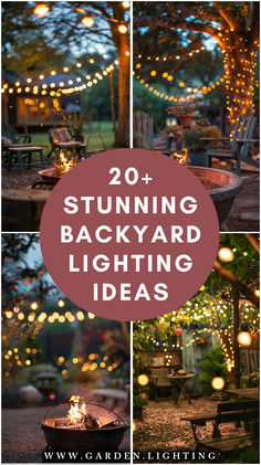 a collage of photos of a backyard with a fire pit and string lights Fun Outdoor Lighting, Outdoor Accent Lighting Ideas, Garden Light Decoration, Patio Light Ideas Outdoor, Lighting For Patio Ideas, Lighting In Backyard, Ways To Light Up Your Backyard, Lights Strung In Backyard, Outdoor Lights Backyard