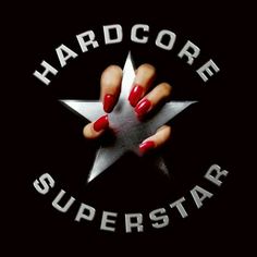 the logo for hard core superstar, with two hands holding a star on top of it