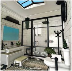 a bathroom with black and white tile floors, a skylight over the toilet and sink