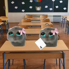 an image of a classroom setting with desks and stuffed animals on the top of them