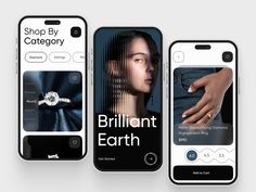 three smartphones displaying different images and text on them, one showing an image of a woman's engagement ring