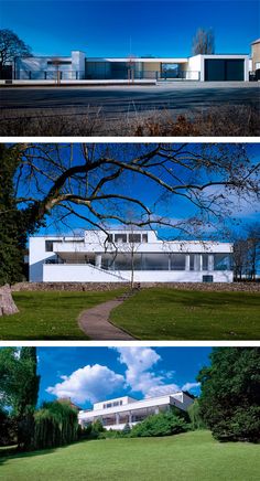 four different views of the same house from different angles and heights, with trees in front of them