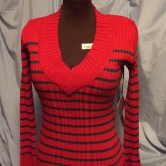 Rib Knit Red Sweater With Dark Grey Stripes, Long Sleeve, New With Tags Knitted Striped V-neck Top, Striped Fitted V-neck Sweater, Fitted Red V-neck Sweater, Striped V-neck Winter Sweater, Striped V-neck Sweater For Winter, Fitted Striped V-neck Sweater, Red Knit V-neck Top, Red Ribbed Sweater For Spring, Winter Striped Fitted Sweater