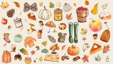 watercolor fall clipart set with pumpkins, apples, leaves and other items