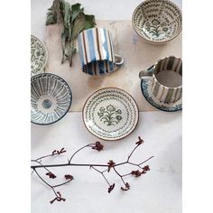 several plates and cups sitting on a table with dried flowers in the foreground, next to each other