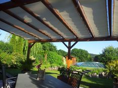 an outdoor dining area with table and chairs under a pergolated roof in the middle of a garden