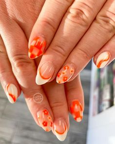 Orange white and nude nails, flower nail art, swirl trend, checkered nails, French tip Checkered Nails, Teen Nails, Cruise Nails, Summer Nail Colors, Summer Nail Polish, Spring Acrylic Nails, Hippie Nails, Cute Simple Nails, Simple Gel Nails